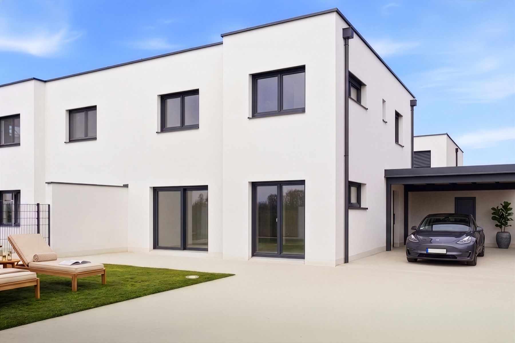 Weißer Neubau mit Carport und Terrasse