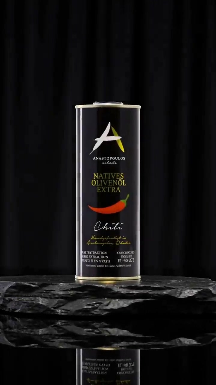 Flasche griechisches Olivenöl vor dunklem Hintergrund